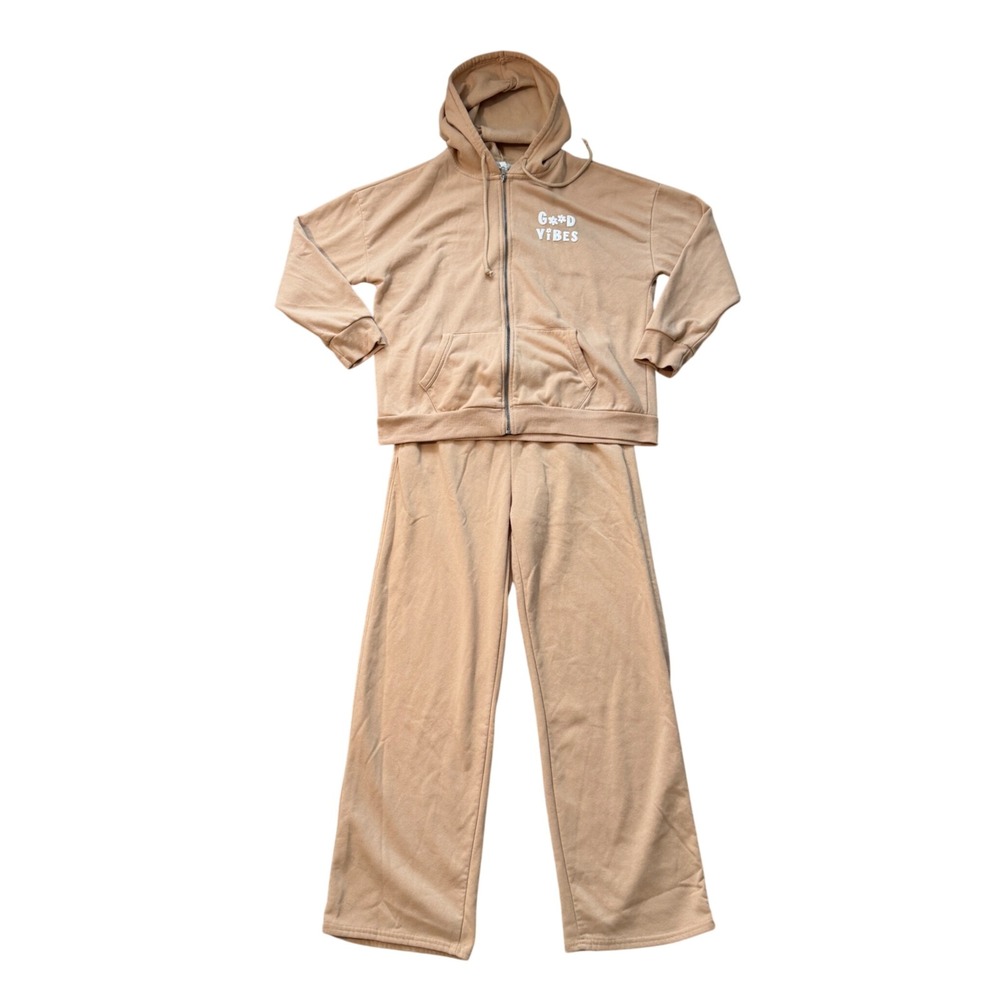 Good Vibes Full Zip Hoodie and‎ Wide Leg Sweatpants Set Tan Large Loungewear